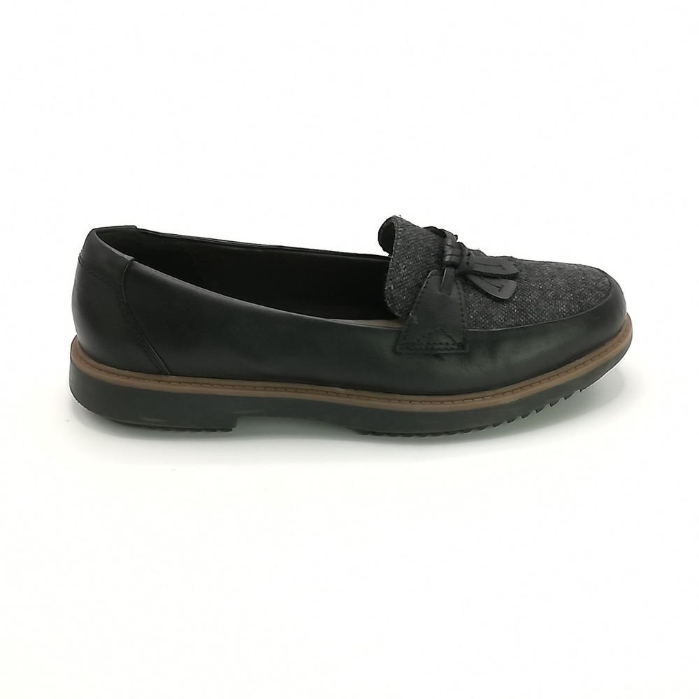 Clarks Shoes Womens Loafer Black Leather Tweed Raisie Foster Casual Comfort 6